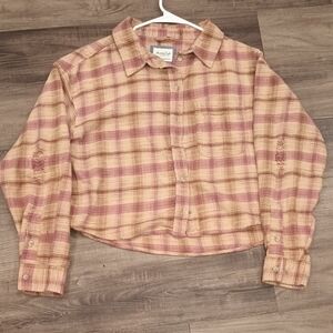 American Eagle Outfitters Pink and Tan Plaid Shirt